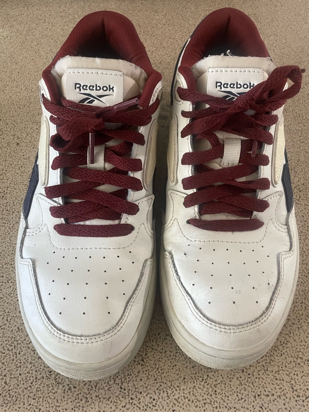 Reebok Men’s White Leather Sneakers with Maroon and Navy Details